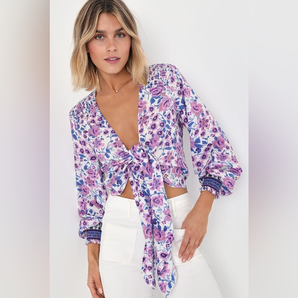 Lulus Blooming With Style Floral Tie-Front Long Sleeve Crop Top | Small | $50